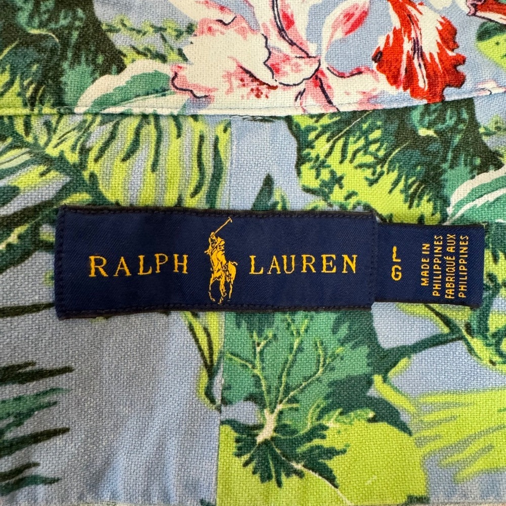 Ralph Lauren Shirt Button Down Mens Large Short Sleeve Blue Tropical Floral - Picture 7 of 14